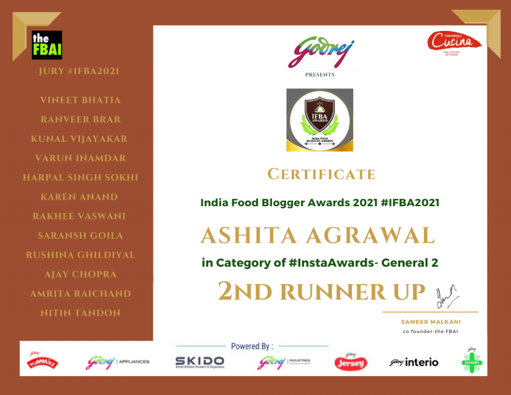 Instagram Awards )runner up) - Iindian Food Bloggers Award 2021 - FBAI