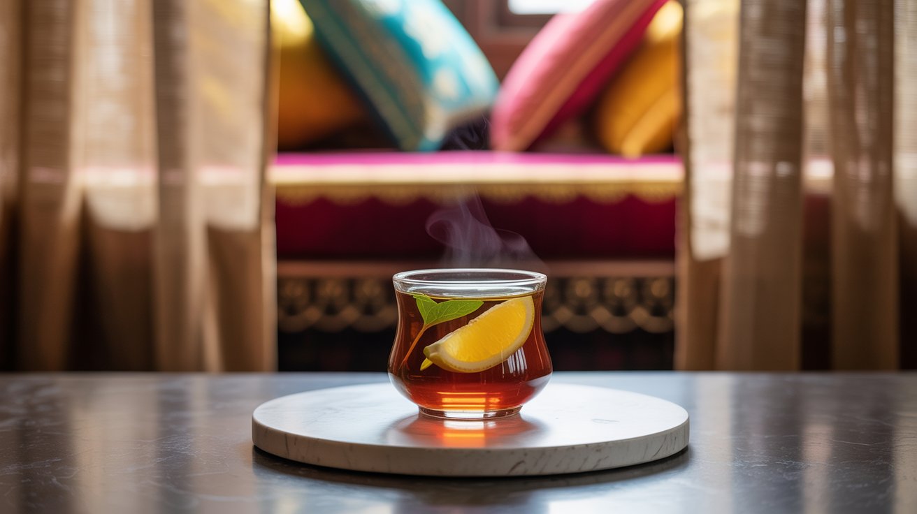 Tulsi Lemon Tea for Cold Weather 1 steaming cup of tulsi lemon tea